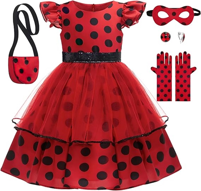 Baby Clothing Size - สาวคอสเพลย์เครื่องแต่งกาย Polka Dot สีแดงพร้อมกระเป๋าถุงมือหน้ากากต่างหูสําหรับเด็ก Bug ฮาโลวีนชุดวันเกิด