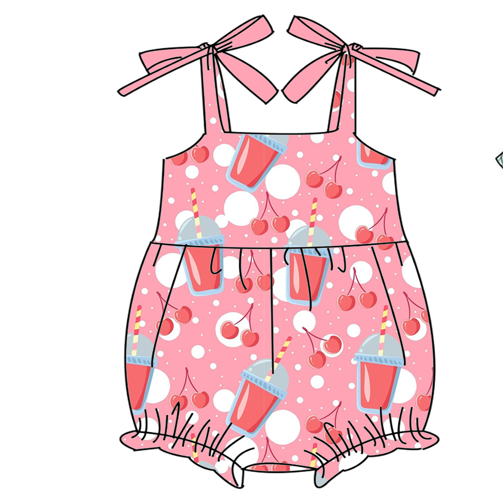 Baby Clothing Made In Usa - ชุดรอมเปอร์เด็กแบบสายคล้อง ตกแต่งโบว์ แต่งระบาย ลายเครื่องดื่มผลไม้ รับสั่งทำและขายส่งเสื้อผ้าเด็ก